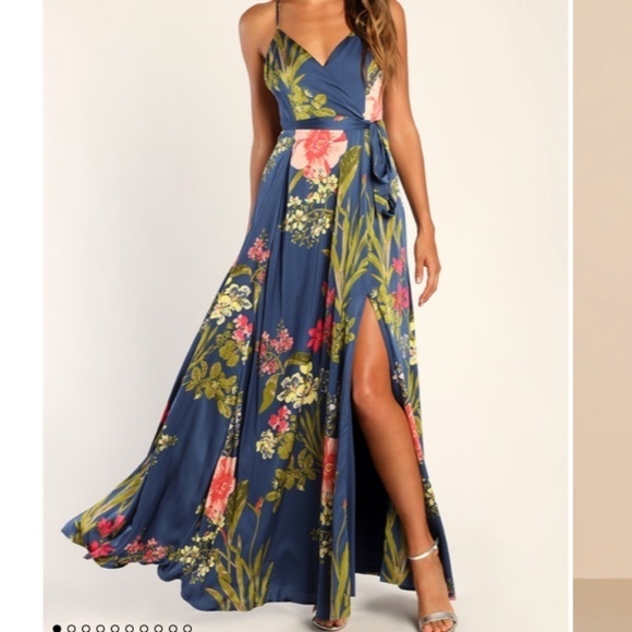 LULU's Floral Sexy Romantic Flowy Floral Wedding Formal Event Satin Maxi - Picture 3 of 6